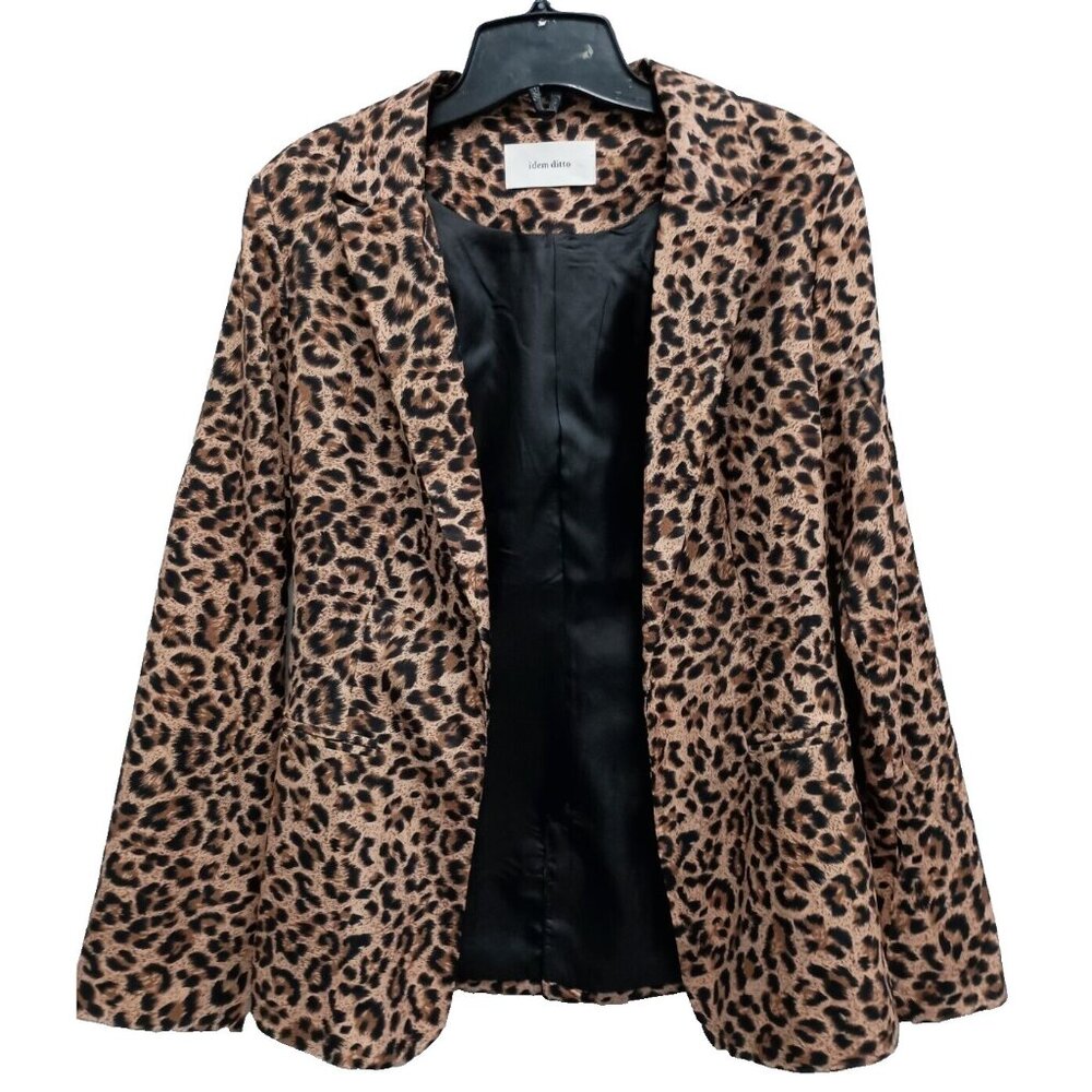 Idem Ditto Womens Animal Print Blazer Jacket Medium Brown‎ Satin Open Carrier
